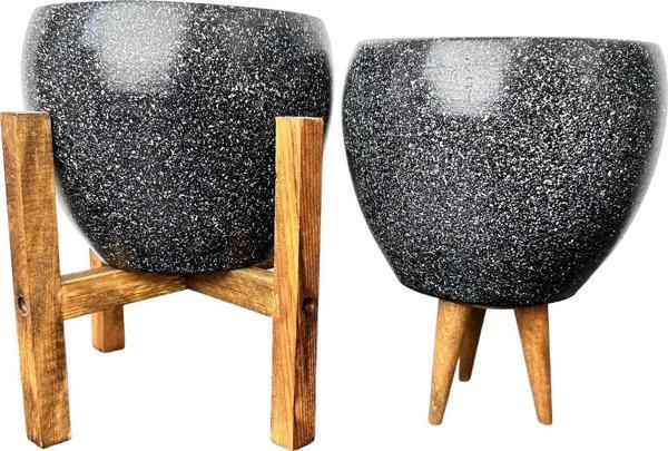 Bitki Tasarımı Siyah Granit Toprak Saksı Saksılık Salon Çiçeklik İkili Set 3 Ayaklı- 4 Ayaklı- 15 CM - Image 1