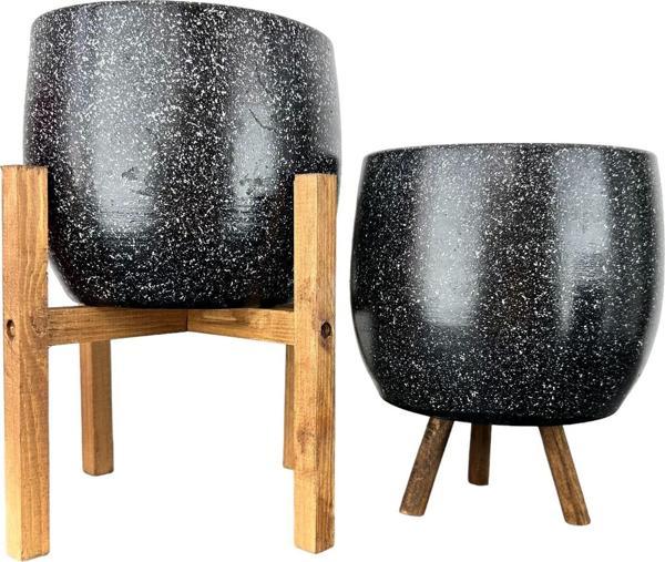 Bitki Tasarımı Siyah Granit Toprak Saksı Saksılık Salon Çiçeklik İkili Set 3 Ayaklı- 4 Ayaklı- 19 CM - Image 1
