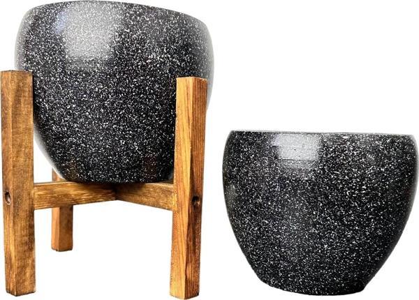 Bitki Tasarımı Siyah Granit Toprak Saksı Saksılık Salon Çiçeklik İkili Set Ayaksız - 4 Ayaklı- 15 CM - Image 1