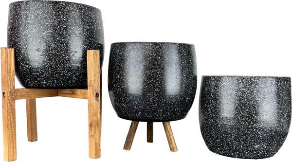 Bitki Tasarımı Siyah Granit Toprak Saksı Saksılık Salon Çiçeklik Üçlü Set- 19 CM - Image 1