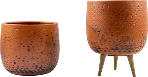 Bitki Tasarımı Siyah Nokta Desenli Toprak Saksı Saksılık Salon Çiçeklik İkili Set Ayaksız - 3 Ayaklı- 19 CM - Image 1