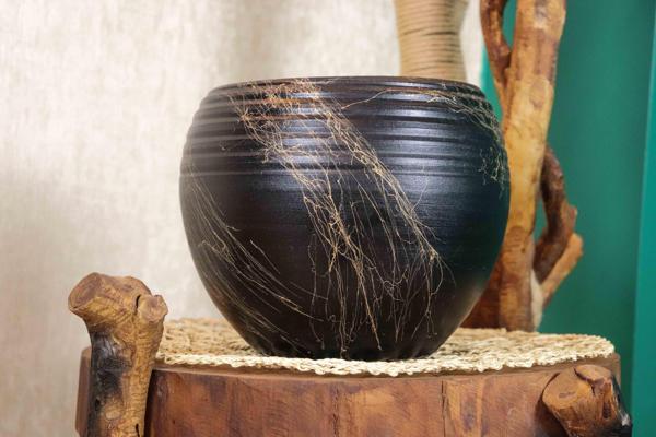 Bitki Tasarımı Siyah Üzeri Gold Küp Terracota Toprak Saksı Saksılık Salon Çiçeklik Büyük Boy - Image 1