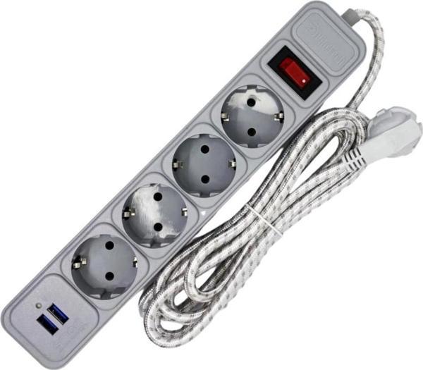 Techmaster 2 Usbli Akım Çocuk Korumalı 4lü Priz 2mt Gri - Image 1