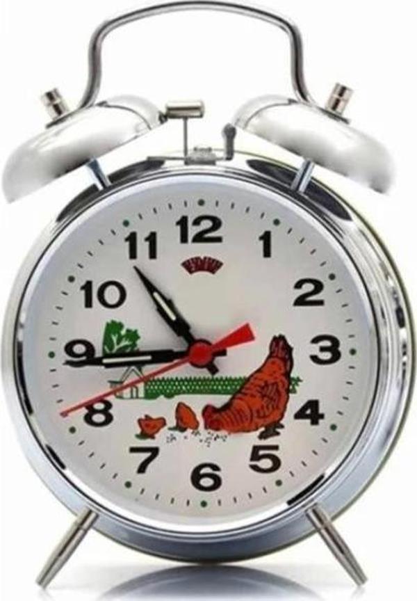 Nostaljik Metal Horozlu Kurmalı Çalar Saat Gümüş Renk - Image 1