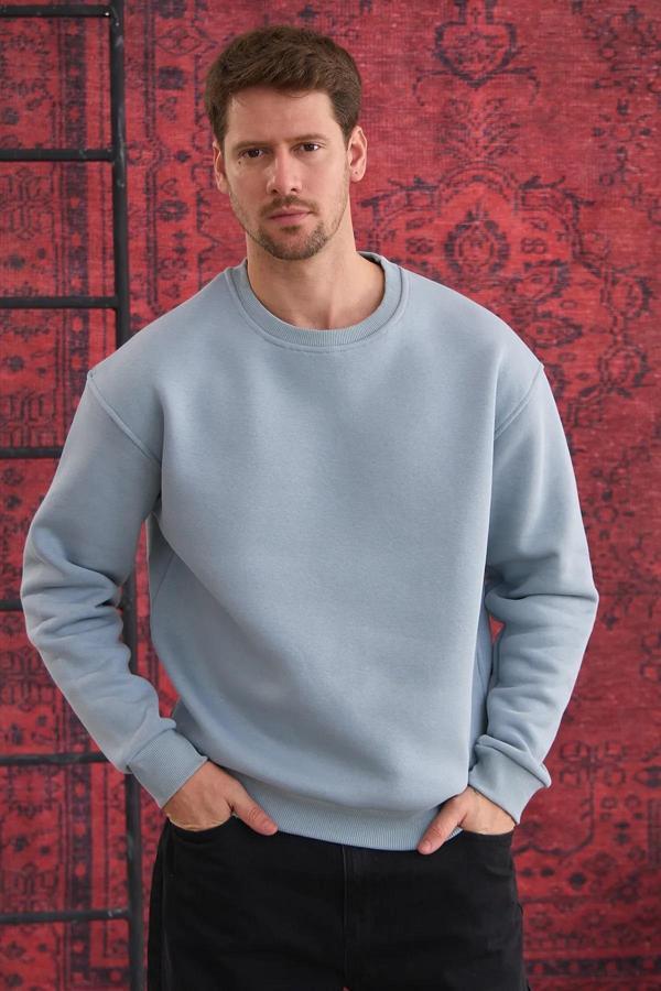 Erkek Oversize Uzun Kol Sıfır Yaka Sweatshırt-7095 - Image 1