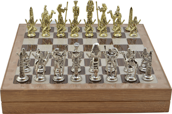 GiftHome Metal MISIR Satranç Takımı Parlak ve Rustik Desenli MDF Sandıklı Satranç Tahtası (36X36X6 cm.) - Image 1