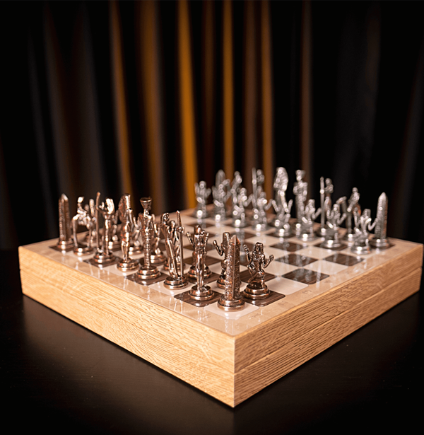 GiftHome Metal MISIR Satranç Takımı Antik ve Rustik Ceviz Desenli MDF Sandıklı Satranç Tahtası (36X36X6 cm.) - Image 1