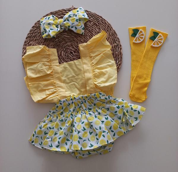 MARS BABY Kız Bebek Limon Desenli Fırfırlı Salopet Bandana Figürlü Çorap Takım - Image 1