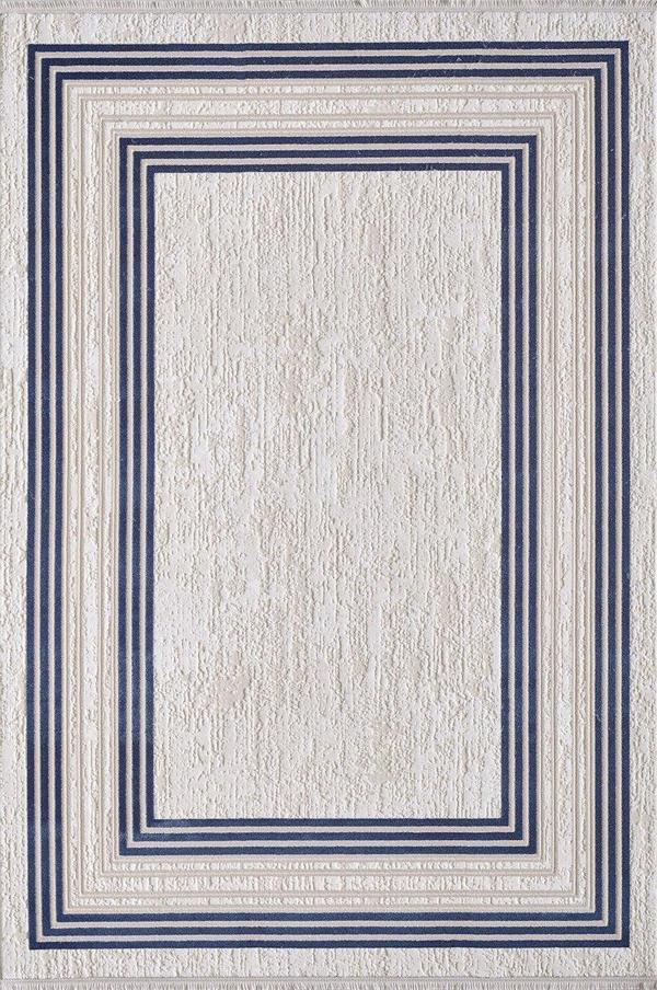 Artemis Halı Murano 09164C Bej Lacivert Çizgili Çerçeveli Yün Halı - Image 1