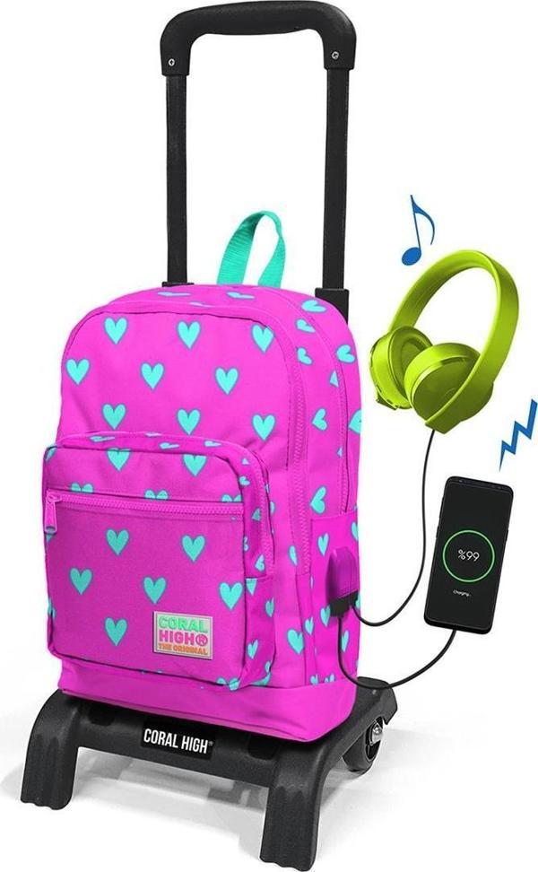 Coral High Pembe Kalp Desenli Sök-Tak Çekçekli Okul Çantası 23010 - Image 1