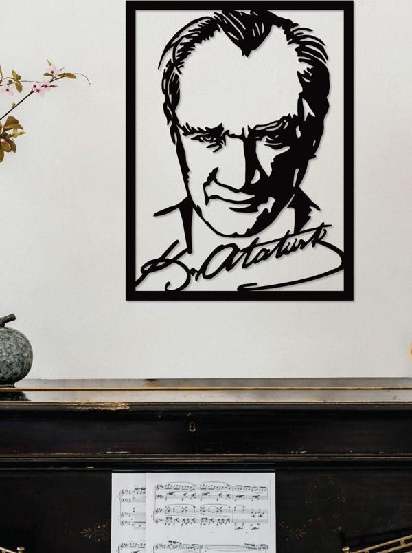 Gowpenart Dizayn Çerçeveli Atatürk Portresi İmzalı Dekoratif Siyah Metal Duvar Tablosu Ev & Ofis Dekoru - Image 1
