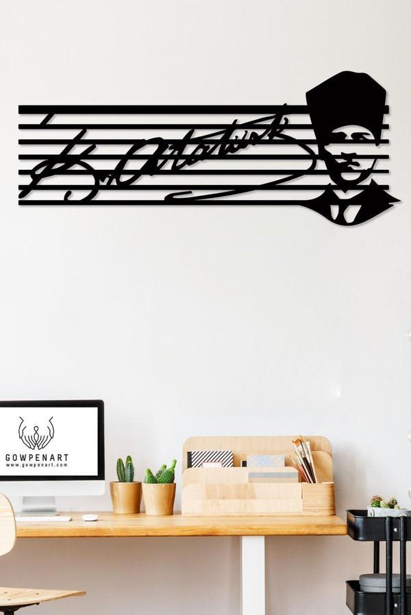 Gowpenart Dizayn Atatürk İmzalı Çizgili Portre Dekoratif Siyah Metal Duvar Ev & Ofis Tablosu Hediye Tablo - Image 1