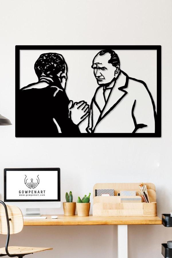 Gowpenart Dizayn Atatürk Ve Köylü Adam Dekoratif Siyah Metal Duvar Ev & Ofis Tablosu - Hediye Tablo - Image 1