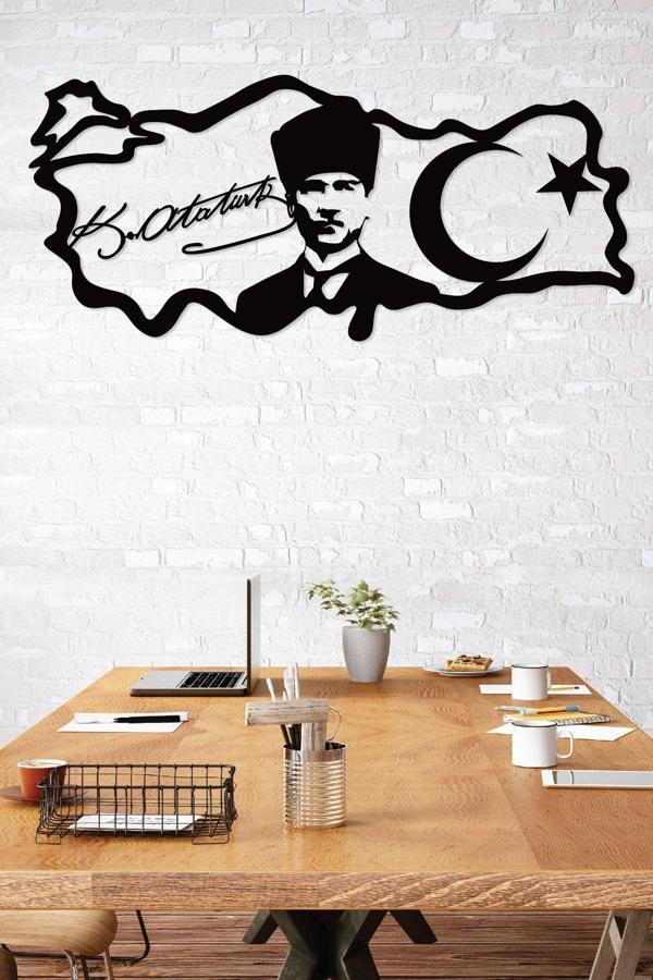 Gowpenart Dizayn Atatürk Portreli İmzalı Türkiye Haritası Dekoratif Siyah Metal Duvar Ev & Ofis Tablosu - Image 1