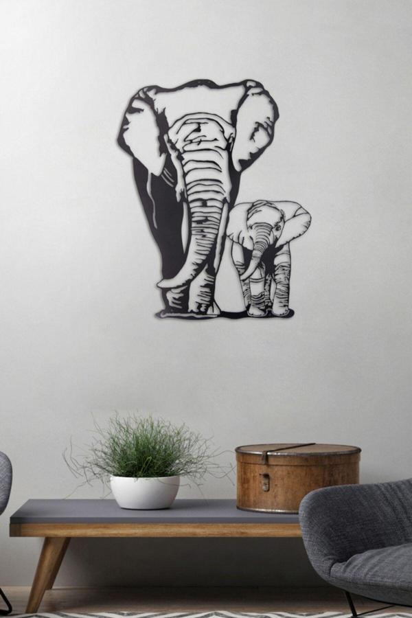 Gowpenart Dizayn Büyük Ve Yavru Fil Ev&Ofis Metal Duvar Tablosu - 55x69 Cm - Image 1