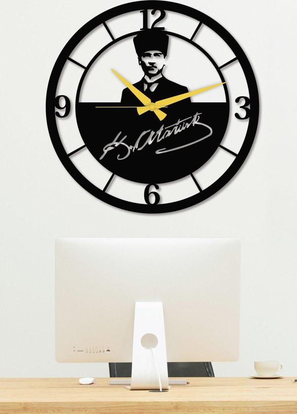 Gowpenart Dizayn Atatürk Portreli Imzalı Siyah Metal Duvar Saati - Ev & Ofis Saati - Hediye Saat 50 x 50 Cm - Image 1