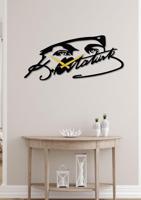 Gowpenart Dizayn Atatürk Bakış Ve İmza Siyah Metal Duvar Saati - Ev & Ofis Saati - Hediye Saat 70 x 32 Cm - Image 1