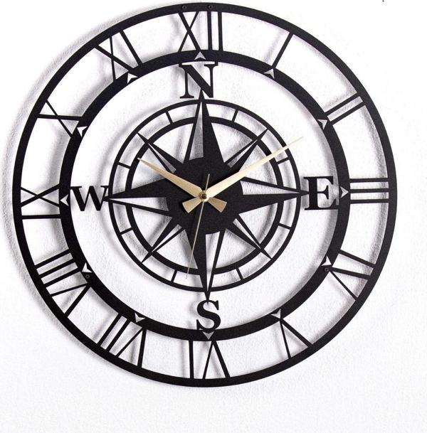 Gowpenart Dizayn Pusulalı Metal Siyah Duvar Saati 1,5 Mm Kalınlık 50x50 Cm - Image 1