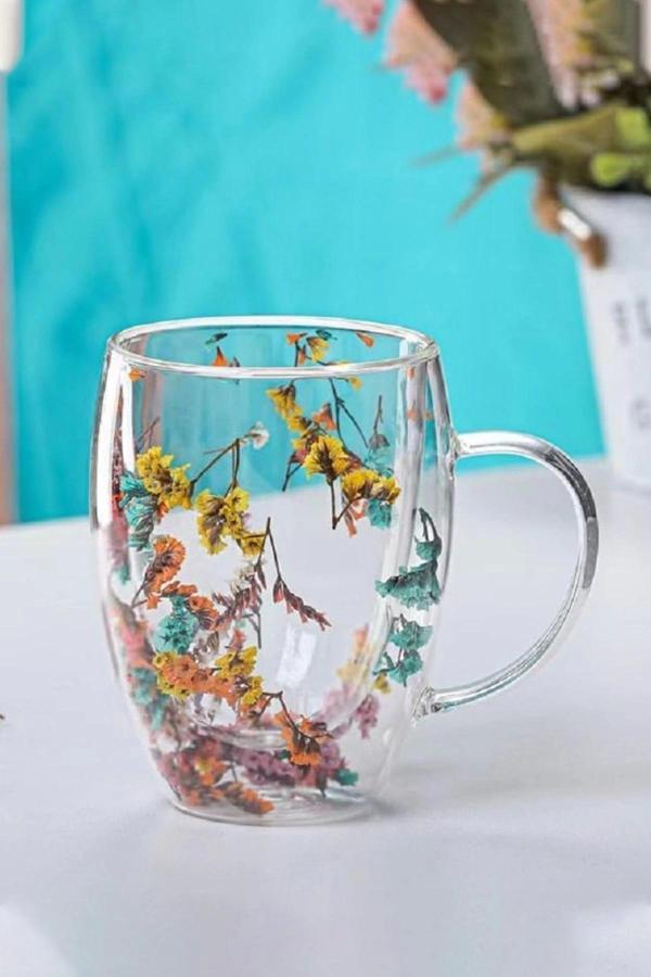 Özel Üretim Kurutulmuş Çiçekli Şık Dayanıklı Cam Kupa Bardak Hediyelik Kulplu Fincan 250 ml - Image 1