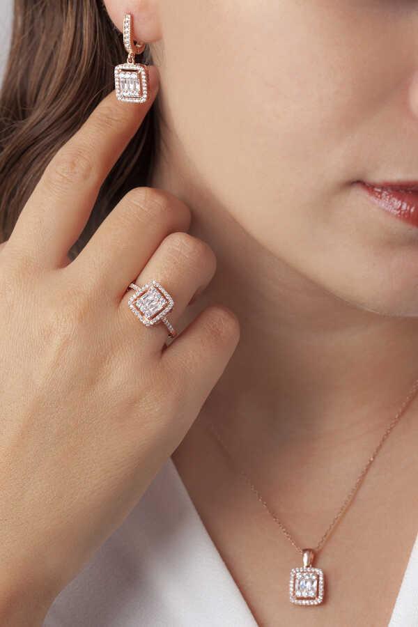 AgaKulche Baget Taşlı Gümüş Takı Seti Rose S30RB 925 - Image 1