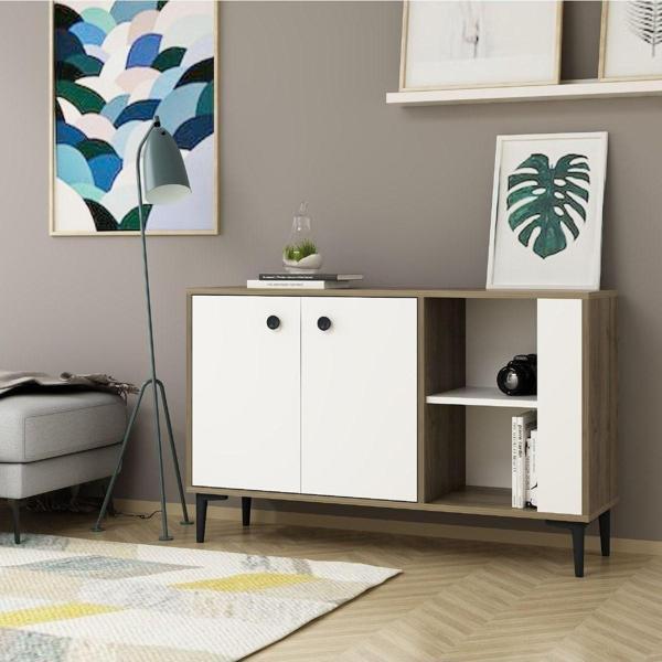 DEMONTE DECOR 2 Kapaklı, 2 Raflı Sahra Konsol, Çok Amaçlı Dolap, Ayakkabılık Ceviz-Beyaz - Image 1