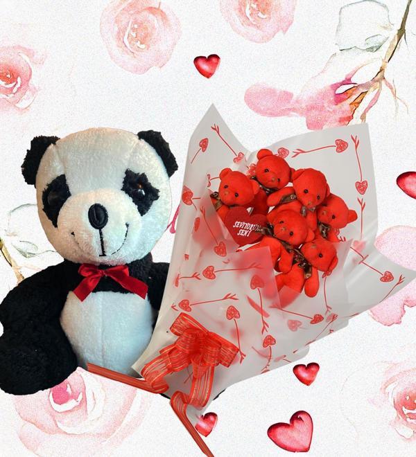 Sevimli Peluş Panda ile Premium Yumoş Kırmızı Peluş Ayıcık Buketi - Image 1