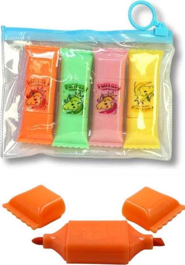 Şeker Şekilli 4 Renk Fosforlu Kalem 1 Paket Çift Uçlu Çantalı 4 lü Fosforlu Kalem İşaretleme Kalemi Sweet Candy - Image 1