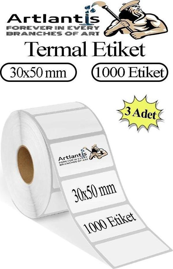 30X50 mm Barkod Etiketi Yapışkanlı 3 Adet Rulo Etiket Termal Barkot Terazi Etiketi 1000 li Barkod Yazıcılarına Uyumludur - Image 1
