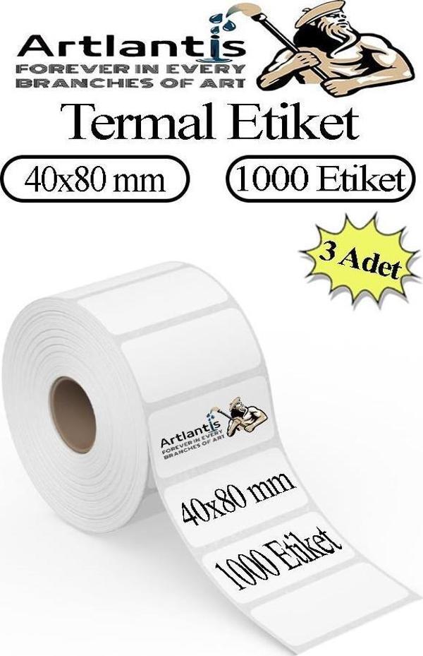 40x80 mm Barkod Etiketi Yapışkanlı 3 Adet Rulo Etiket Termal Barkot Terazi Etiketi 1000 li Barkod Yazıcılarına Uyumludur - Image 1