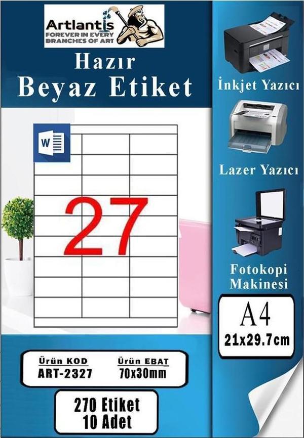 A4 Hazır Etiket 70x30 mm 10 Sayfa 1 Paket 27 li Kendinden Yapışkanlı Fotokopi Lazer İnkjet Kağıdı Yazıcılar İçin Uyumlu - Image 1