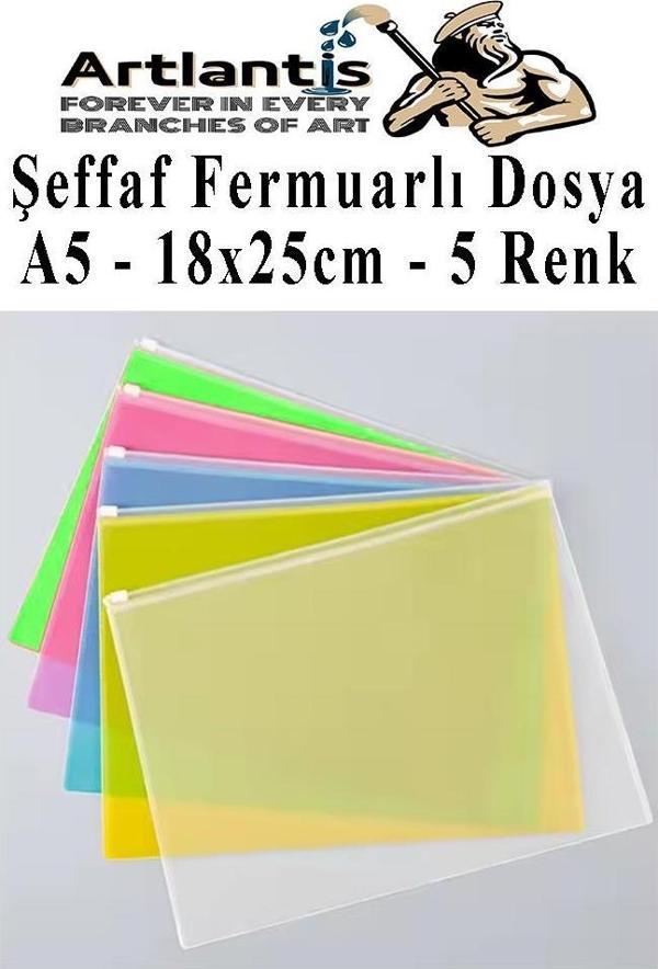 A5 Şeffaf Fermuarlı Dosya 5 Renk 1 Paket PvC Fermuarlı Evrak Dosyası 18x25cm Çıtçıtlı Belge Evrak Dosyası Ofis Büro Okul - Image 1