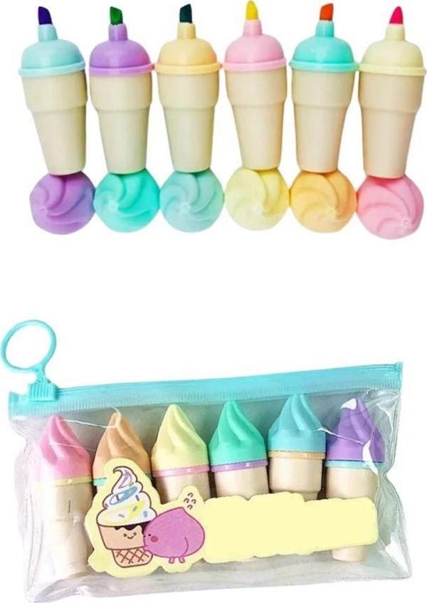 Dondurmalı Fosforlu Kalem 1 Paket 6 Renk Kalemlikli Dondurma Figürlü İşaret Kalemi Mini 6 lı Fosforlu Kalem - Image 1