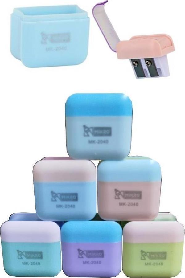 Kalemtıraş Çift Bıçaklı Hazneli 6 Renk 1 Paket MK-2040 Pastel Renkler iki Bıçaklı Jumbo Kalemtraş Kalem Açaçagı Plastik - Image 1
