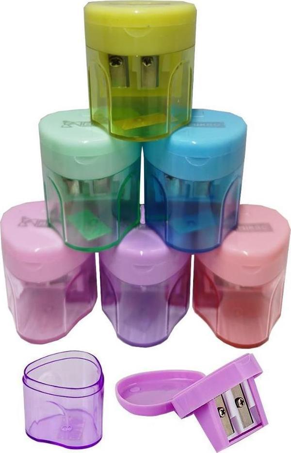 Kalemtıraş Çift Bıçaklı Hazneli 6 Renk 1 Paket MK-4014 Pastel Renkler iki Bıçaklı Jumbo Kalemtıraş Kalem Açaçagı Plastik - Image 1