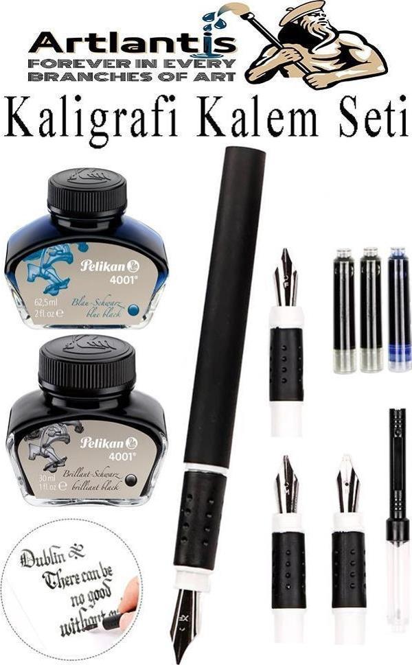 Kaligrafi Dolma Kalem Seti 4 lü 1 Paket Mavi ve Siyah Yedek Mürekkep Hat Yazma Tasarım Sanat Kalemi Hattat - Image 1