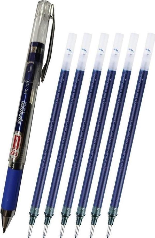 Mavi İmza Kalemi 1.0mm 1 Adet Refil Yedek Uç Mürekkep 6 Adet Mikro İmza Kalemi Yeni Kasa Mk-8526 Kalın Uçlu Pilot Kalemi - Image 1
