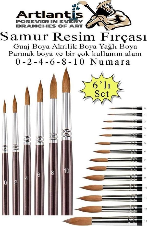 Resim Fırçası 0 - 2 - 4 - 6 - 8 - 10 Numara 1 Paket 6 lı Samur Yuvarlak Uçlu Fırça Seti Guaj Sulu Akrilik Yağlı Boya Fır - Image 1