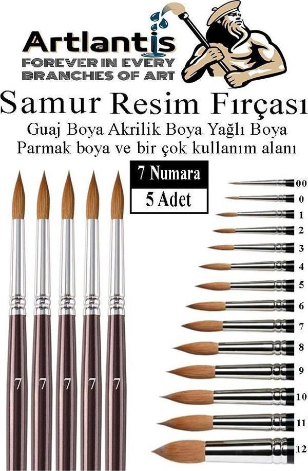 Resim Fırçası 7 Numara 5 li 1 Paket Samur Yuvarlak Uçlu Fırça Seti Guaj Sulu Akrilik Yağlı Boya Fırçaları - Image 1