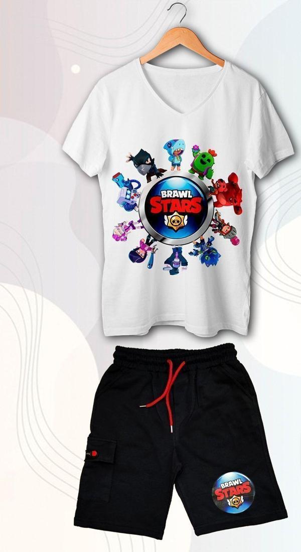 Lin Grup Brawl Stars Baskılı V Yaka Erkek Çocuk Tişört Ve Şort Takım - Image 1