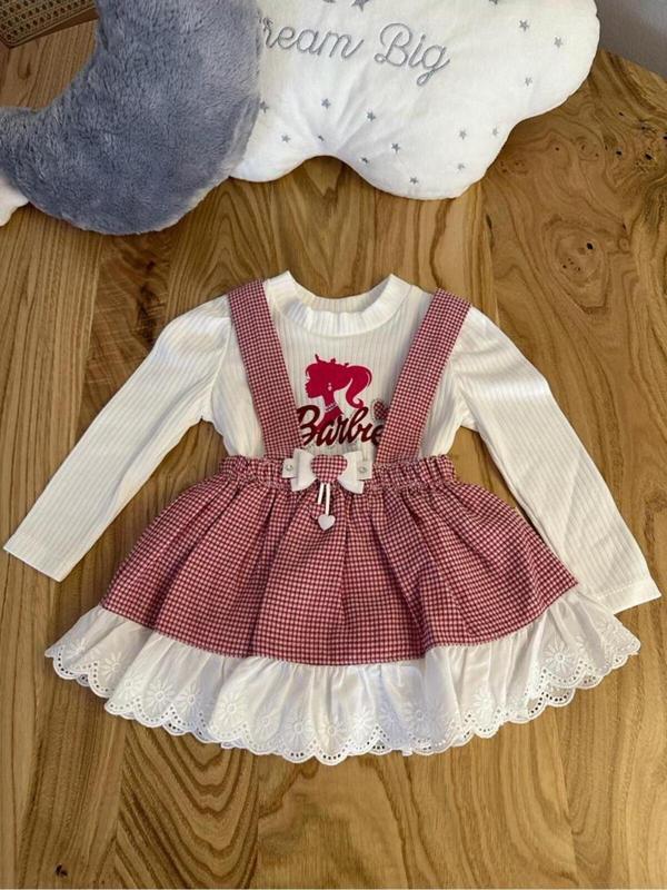 Lin Grup Kız Bebek Barbie Figürlü Ekose 2 Parça Elbise - Image 1