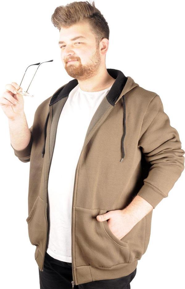 Modexl Erkek Sweatshirt Kapşonlu Zippered Basic 20543 Haki - Image 1