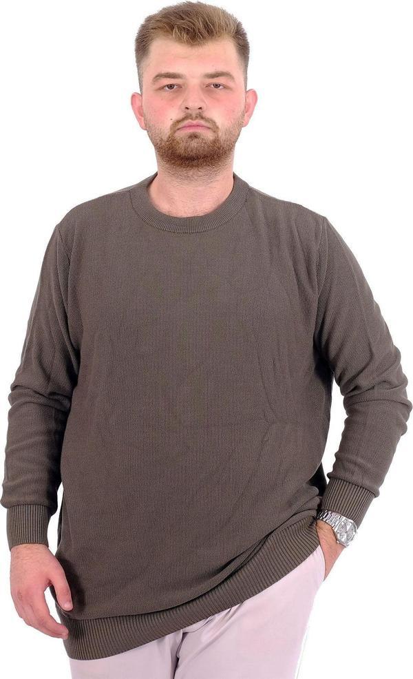 Modexl Büyük Beden Erkek Bisiklet Yaka Triko Kazak 24208 Haki - Image 1