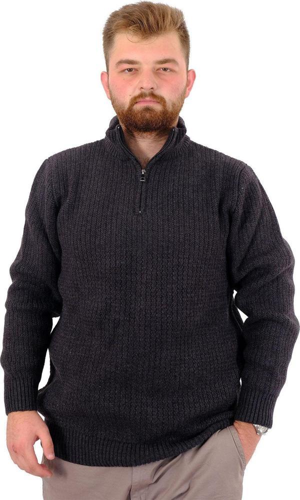 Modexl Büyük Beden Erkek Triko Kazak Yarım Fermuarlı Dik Yaka 24209 Antrasit - Image 1