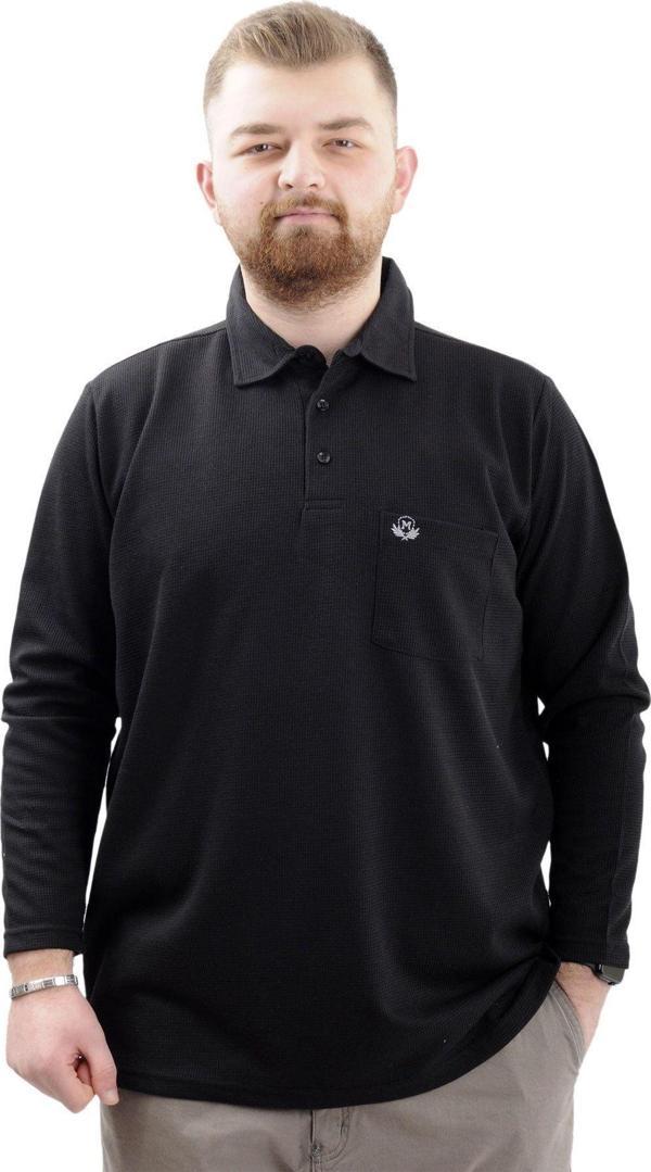 Modexl Büyük Beden Erkek Sweatshirt Polo Yaka Uzun Kol Waffle 23449 Siyah - Image 1
