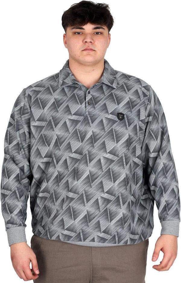 Modexl Büyük Beden Erkek Polo Yaka Sweatshirt Baskılı Selanik U24440 Gri Melanj - Image 1