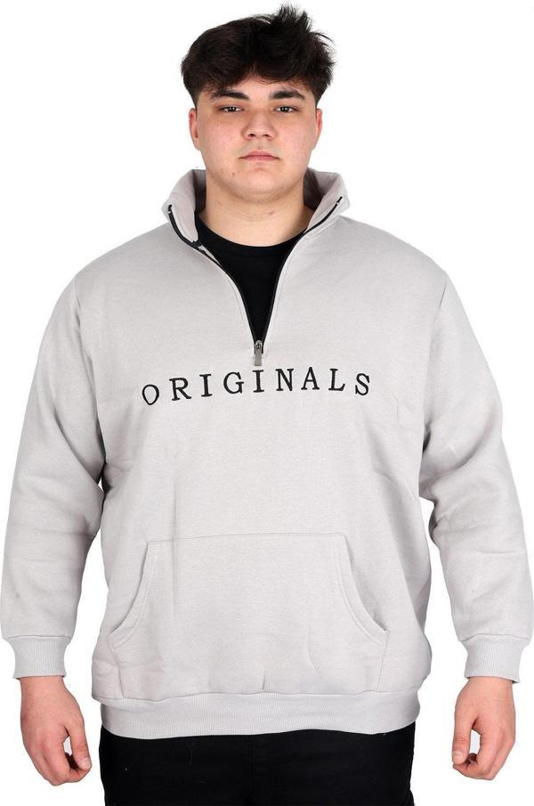 Modexl Büyük Beden Erkek Sweatshirt Fermuarlı Dik Yaka U24543 Gri - Image 1