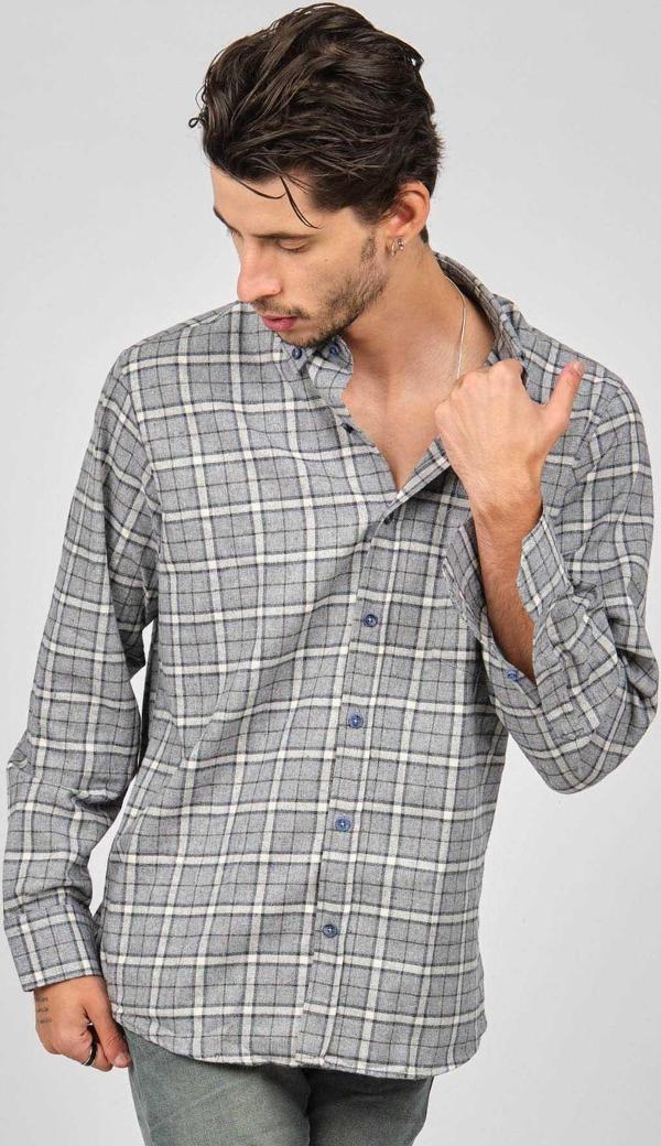 De Leone Erkek Çizgili Uzun Kollu Yün Apre Gömlek 017105 Gri - Image 1