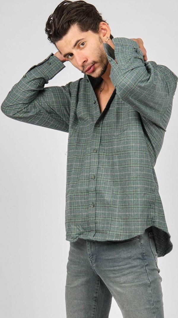 De Leone Erkek Çizgili Uzun Kollu Yün Apre Gömlek 017105 Yeşil - Image 1