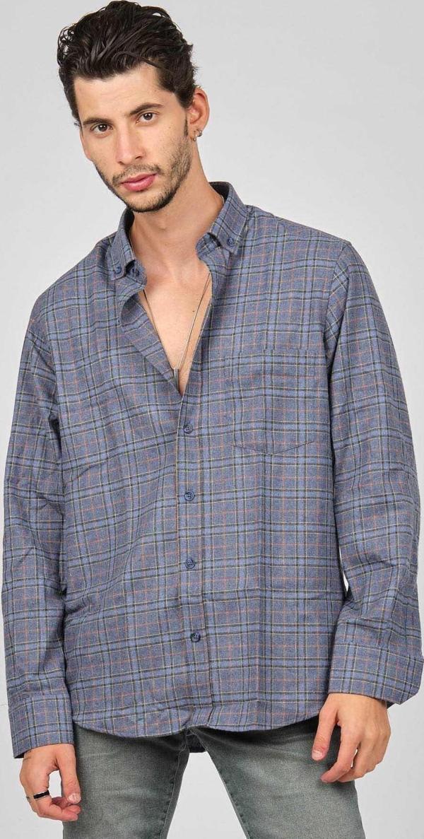 De Leone Erkek Çizgili Uzun Kollu Yün Apre Gömlek 017105 Mavi - Image 1