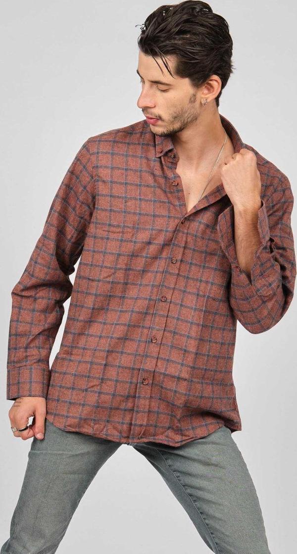 De Leone Erkek Çizgili Uzun Kollu Yün Apre Gömlek 0171107 Kiremit - Image 1